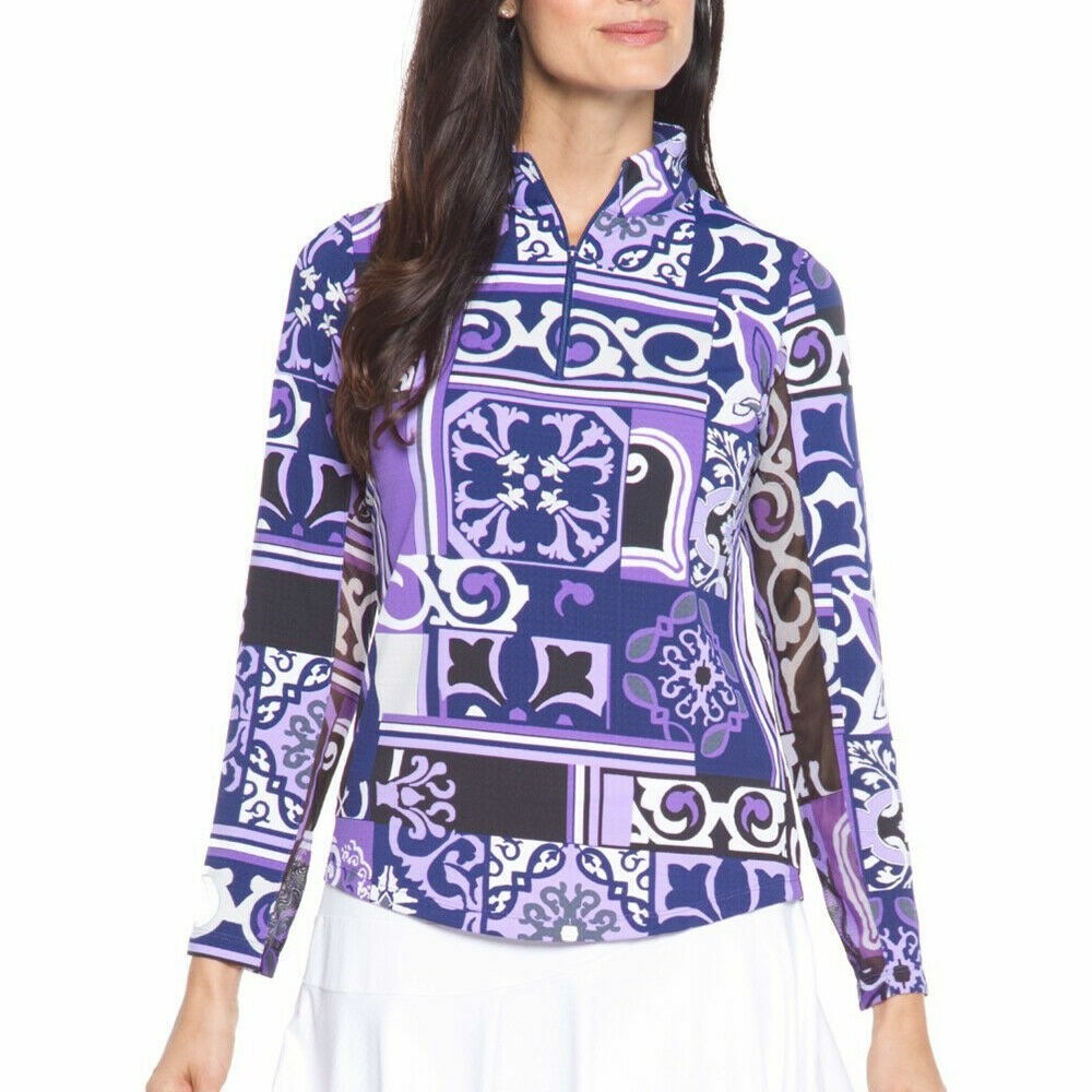 IBKUL Womens Purple Blue Tile Print UPF 50+ Quarter Zip Mock Neck Top Small Golf - Picture 11 of 11